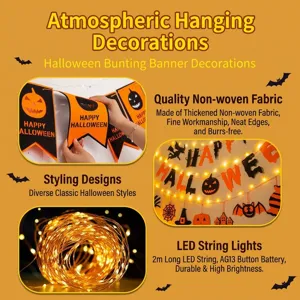 Halloween party decoration non-woven banner and LED string lights for festive holiday setup.