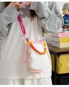 Korean dopamine colorblock drawstring crossbody phone bag cute pink polka dot cute shoulder bag