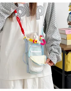 Korean style dopamine color crossbody water bottle bag with cute pouch and polka dot design.