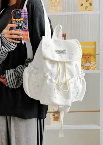 Süßer japanischer weißer Sternen Rucksack für Studenten, süße lässige Canvas Schultasche.