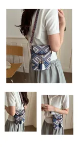 Böhmische gewebte Umhängetasche für Damen mit buntem geometrischem Muster und schicken Quasten.