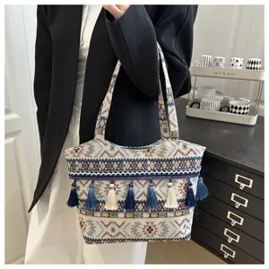 Ethnic style woven tote bag with tassels, stylish retro shoulder bag for women daily street snap