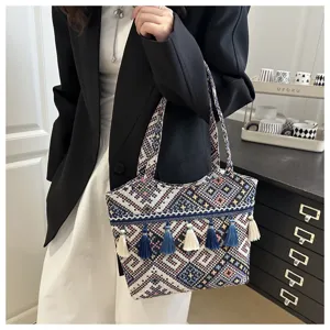 Ethnic woven tote bag with fringe tassels, stylish shoulder bag for women street style