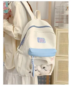 Schöner Studentin Rucksack mit Klarsichttasche, tolles blau-weißes Design für den täglichen Weg.
