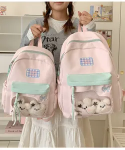 Sommerlicher frischer Farbblock-Rucksack für Schüler im Partnerlook mit Plüschtieren.