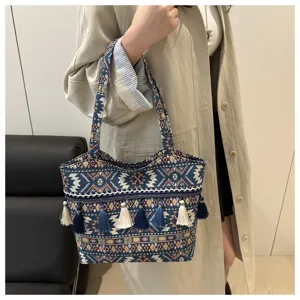 Ethnic style woven tote bag with fringe tassels, fashion geometric pattern shoulder handbag.