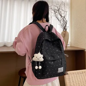 Sac à dos en toile à pois style japonais mignon avec joli pendentif nuage pour étudiants