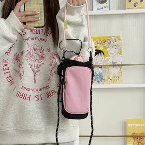 Lightweight outdoor sports drawstring crossbody water bottle bag with stylish color-block design.