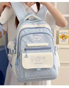 Niedlicher blauer Studenten-Rucksack mit Sternen, große Kapazität, Detailansicht des Schulranzens.