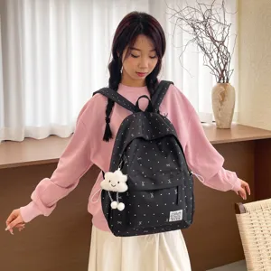 Sac à dos décontracté à pois doux de style japonais pour étudiants, léger et grande capacité.