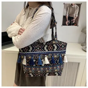 Ethnic style woven tote bag with colorful tassels, geometric pattern handbag for daily travel.