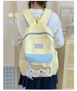 Niedlicher pastellgelber Canvas Schulrucksack mit Sichtfenster und Plüschtieren für Schüler