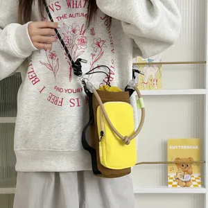 Lightweight color-blocking water bottle bag, outdoor sports crossbody phone pouch with drawstring.