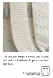 Rucksack Schultergurt Detail, verbreitert und verdickt mit ergonomischer S-Form für besten Halt.