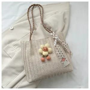 Casual straw tote bag for women, spring minimalist large capacity shoulder bag with flower.