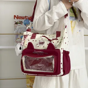 Bolso de hombro de lona estilo japonés dulce gran capacidad bolsa casual con orejas de gato