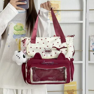 Bolso tote de lona estilo ins japones para estudiantes gran capacidad con ventana orejas de gato