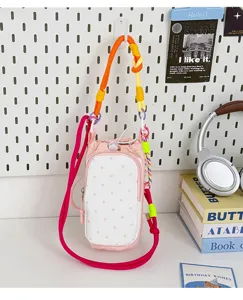 Korean dopamine pink polka dot crossbody phone bag cute drawstring cup bag for women daily outing.