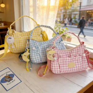 Women Casual Plaid Nylon Crossbody Bag Small Dumpling Tote Bag Daily Commute Shoulder Bag with Pendants Handbag