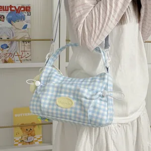 Blue and white plaid crossbody bag casual shoulder hobo bag with front pocket