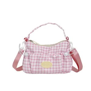 Pink white gingham canvas crossbody bag with shoulder strap casual style sweet aesthetic handbag