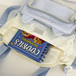Detalle de bolso de hombro para estudiantes estilo japonés con bolsillo transparente y orejas de gato.