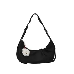Minimalist black nylon shoulder bag for women, trendy crescent underarm hobo bag daily.
