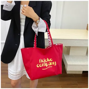 Chic nylon tote bag with plaid lining and letter print, large capacity casual shoulder bag.