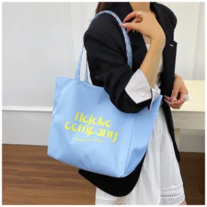 Casual Korean style large capacity nylon tote bag with cute yellow letter print for women details
