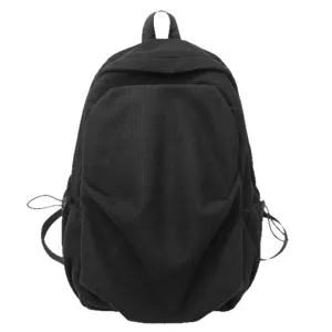 Black corduroy backpack vintage style school bag casual minimalist daypack for students