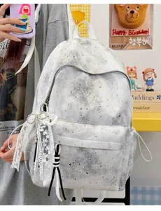 Zaino grigio con stampa a stelle e fiocco in pizzo carino, borsa da viaggio casual.