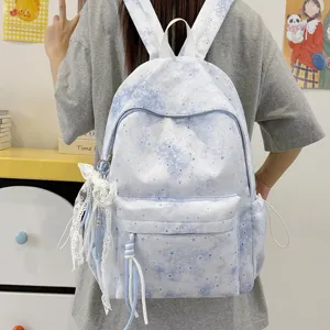 Zaino scolastico azzurro con motivo a stelle borsa da viaggio casual con grazioso pizzo.