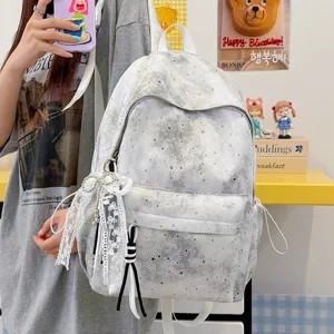 Zaino per studenti con motivo a stelle, borsa da viaggio casual con fiocco in pizzo elegante.