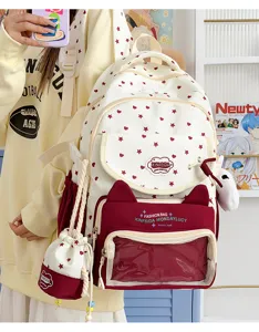 Nahaufnahme des Studenten-Rucksacks mit Sichtfenster, stylischem Design und passender Beutel.