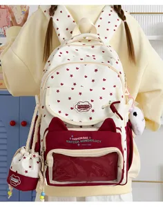Niedlicher weißer Stern Herz Ita Rucksack Detail, Schultasche mit Sichtfenster und Katzenohren.