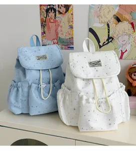 Detail view of sweet Japanese style star print backpack for cute students and daily outdoor use.