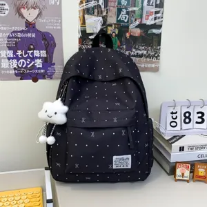 Sac à dos noir à pois style japonais avec adorable pendentif nuage pour l'école et les loisirs.