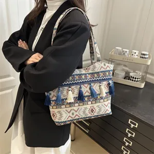Bohemian Ethnic Woven Tote Bag Geometric Pattern Tassel Handbag Casual Travel Shoulder Bag For Women