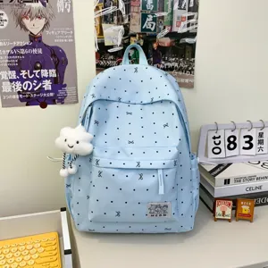 Sac à dos japonais bleu clair à pois avec pendentif nuage mignon et grande capacité.