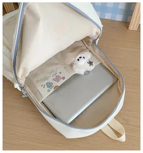 Detailansicht des weißen Schülerrucksacks mit Laptopfach, geräumigem Stauraum und Plüschtier.