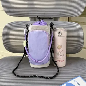 Water bottle bag with drawstring crossbody strap, portable lightweight purple beige design for outdoor.