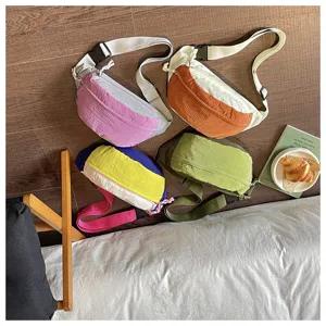 Summer trendy color-blocked crossbody chest bag and casual waist bag, multiple bright color options.