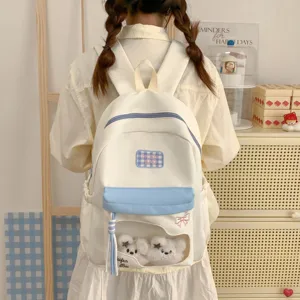 Süßer Studentenrucksack mit klarem Sichtfenster und süßen Plüschbären, frisches Pastellfarbendesign.