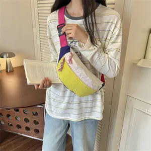 Stylish colorblock crossbody chest bag, trendy dopamine canvas fanny pack for casual daily use.