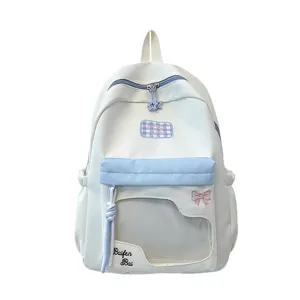 Sommerlicher, frischer Farbmix Studentenrucksack mit klarem Sichtfenster und Schleife.