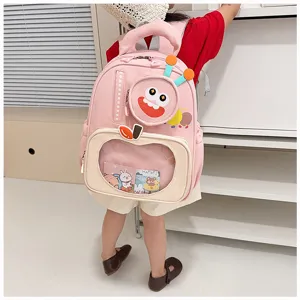 Kids pink cartoon backpack cute toddler school bag with transparent front pocket and cute design