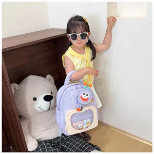 Cute cartoon kids backpack for kindergarten boys and girls, lovely toddler school bag design.
