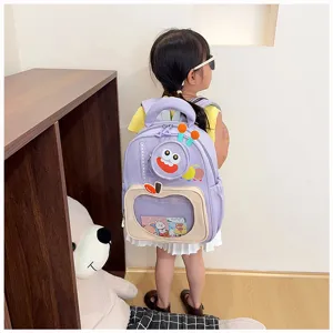 Detailed view of the cute purple kindergarten backpack featuring a funny caterpillar face design.