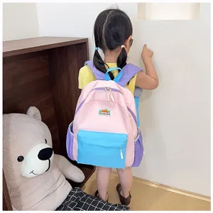 Children contrast color school backpack, cute toddler bag with front pocket for daily use.