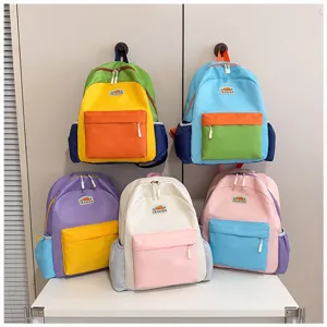 Colorful contrast children backpack detail view, kids school bag with front pocket design.